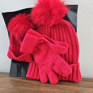 Red Knit Hat and Glove Set with Pom Pom